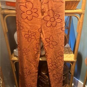 Orange Wide Leg Pants with Floral Design